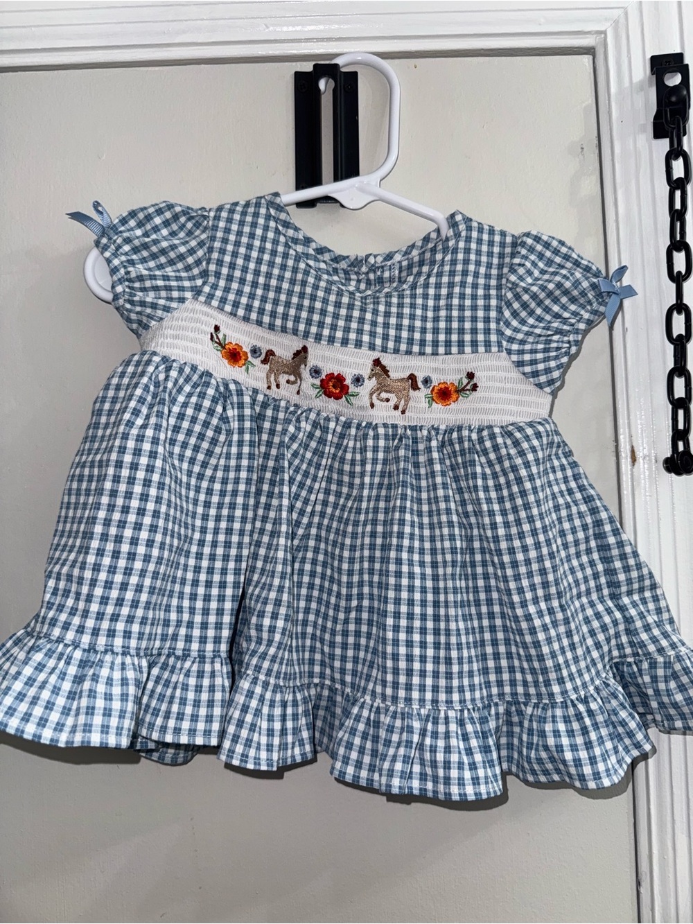 Good Lad Blue Gingham Smocked Dress with Horse Motif
